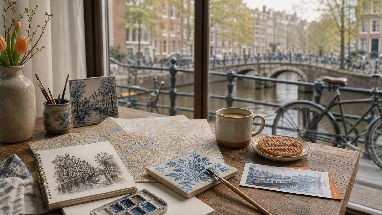 A calm Amsterdam canal-side table with a canal map, blue tile, paintbrushes, coffee, stroopwafel, and bicycles outside the window.