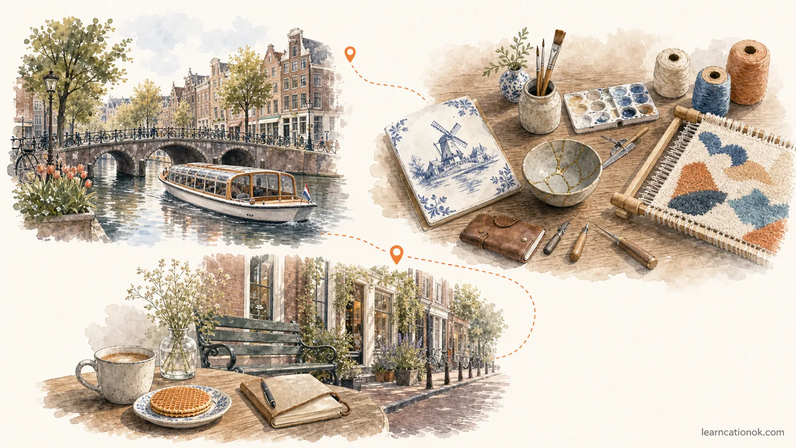 A calm Amsterdam first-afternoon route showing a canal cruise, creative workshop table, and soft cafe reset connected by an orange dotted path.