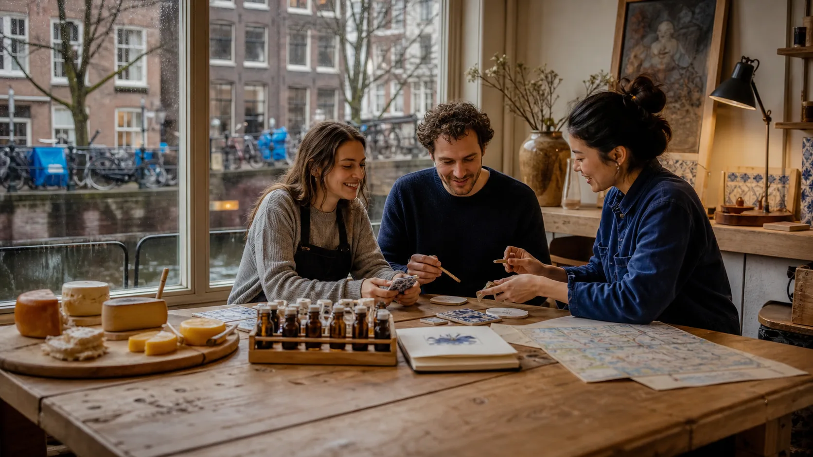 Travelers making scent and tile objects inside a warm Amsterdam canal-side workshop on a rainy afternoon.