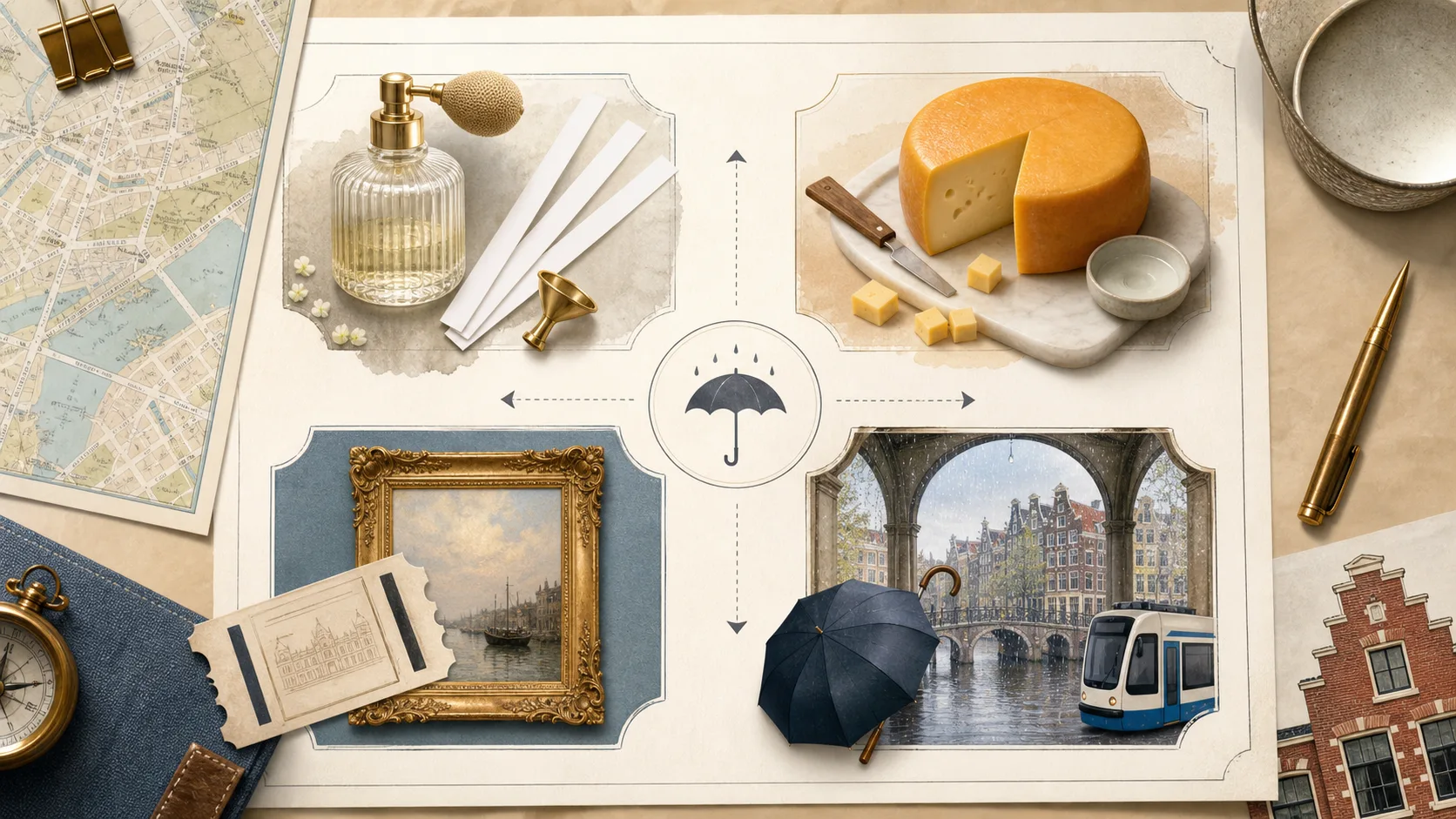 Amsterdam rainy day decision visual showing perfume, cheese, museum, and covered canal options.
