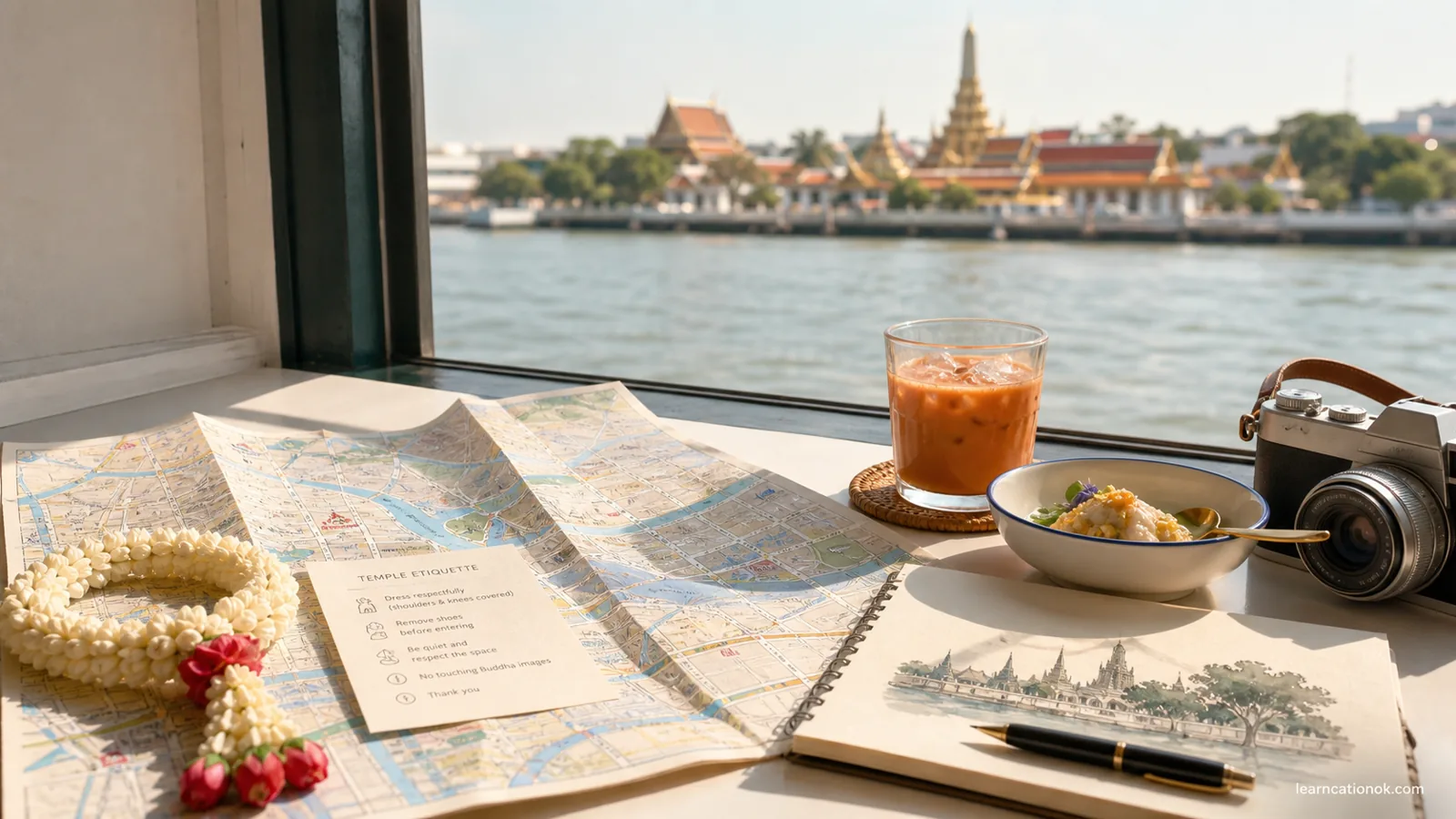 A calm first-time Bangkok planning table with a folded map, jasmine garland, Thai tea, a camera, a sketchbook, and a soft riverside temple view.