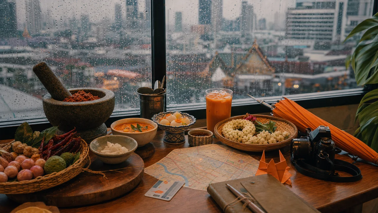 A rainy Bangkok planning table with curry paste, coconut dessert, Thai tea, jasmine garland materials, an umbrella, a camera, and a city map by a rain-covered window.
