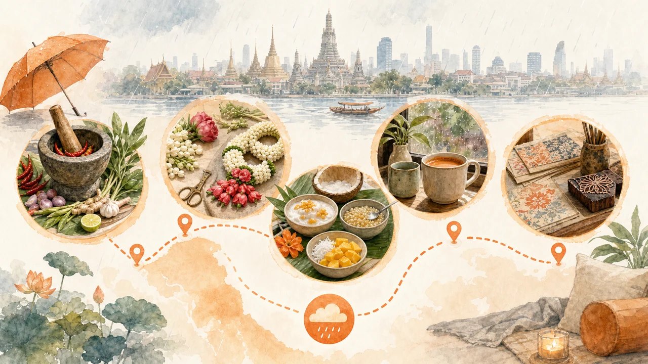 A rainy-day Bangkok activity map showing five food and culture anchors connected by a soft sheltered route.