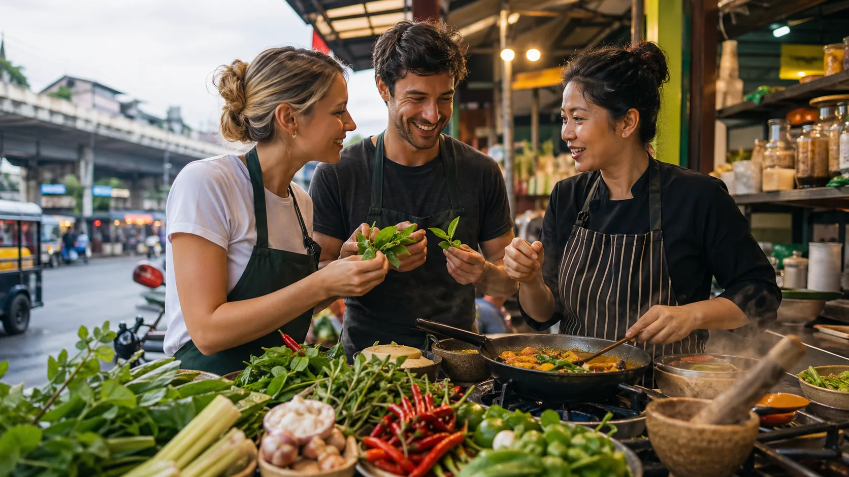 Travelers comparing Thai herbs with a local host during a Bangkok cooking class near a lively street-food area.