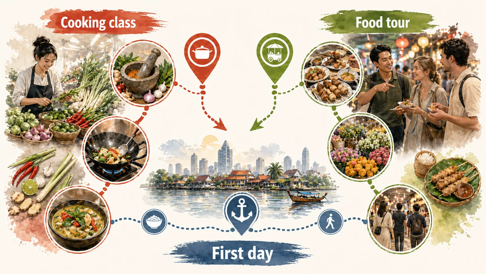 Bangkok first-day food decision showing cooking class, food tour, and one flexible first-day anchor.