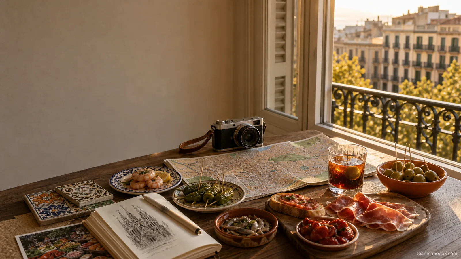 A calm Barcelona food planning table with tapas, vermouth, olives, a city map, mosaic tiles, a sketchbook, and warm Eixample balcony light.