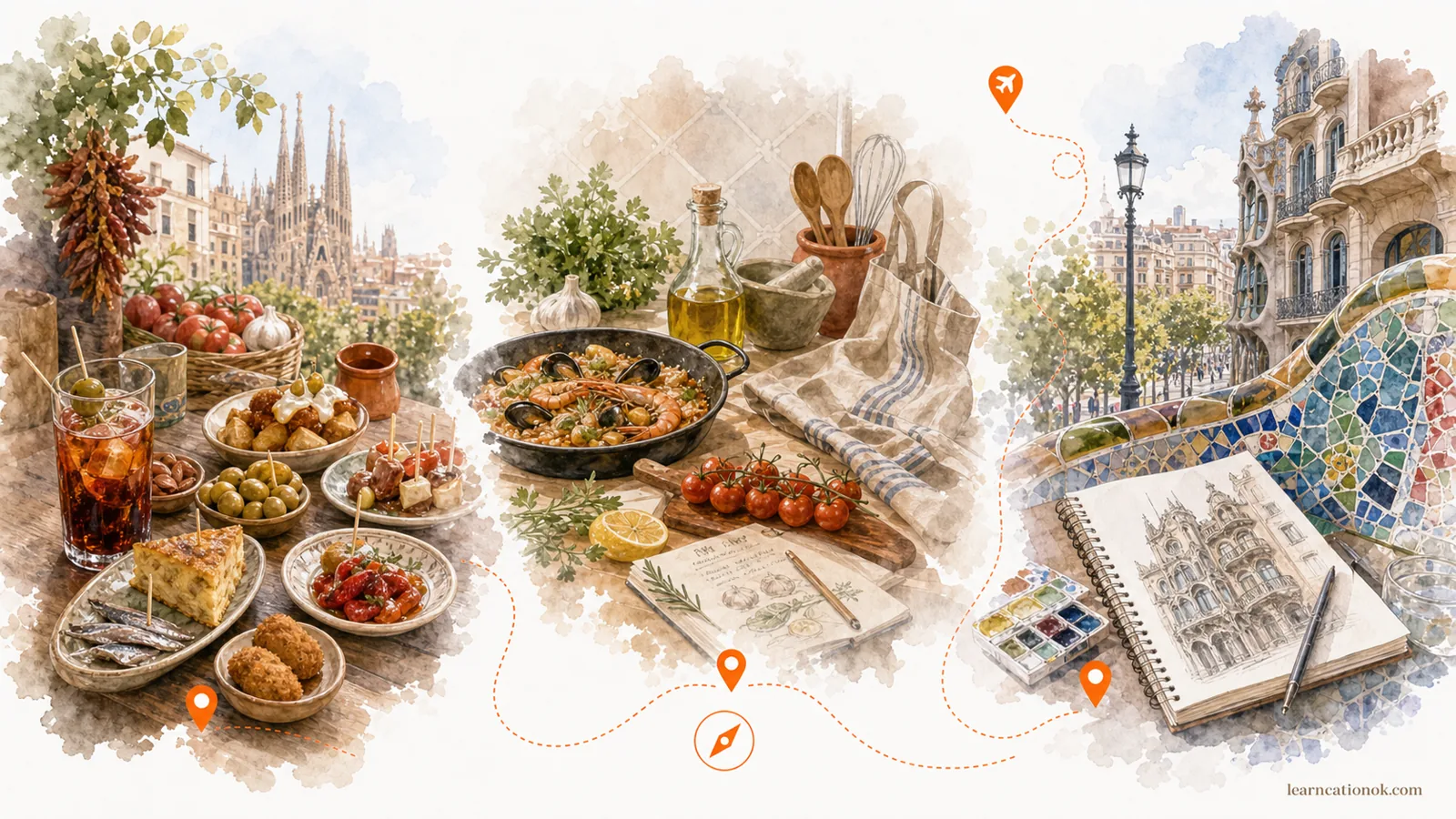 A visual guide for choosing a Barcelona tapas table, cooking class, mosaic workshop, or sketch walk as the first food-and-culture anchor.