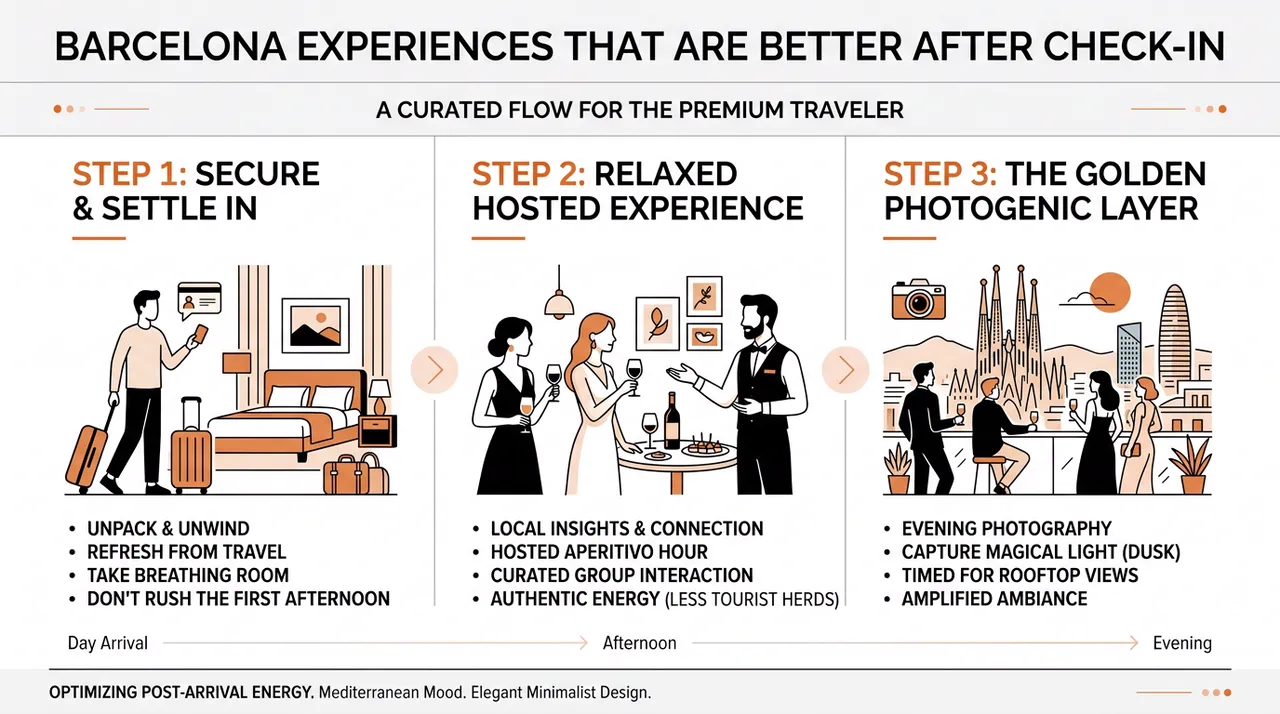 Infographic showing a Barcelona after-check-in flow: settle in, join a relaxed hosted experience, then save the photogenic layer for later.