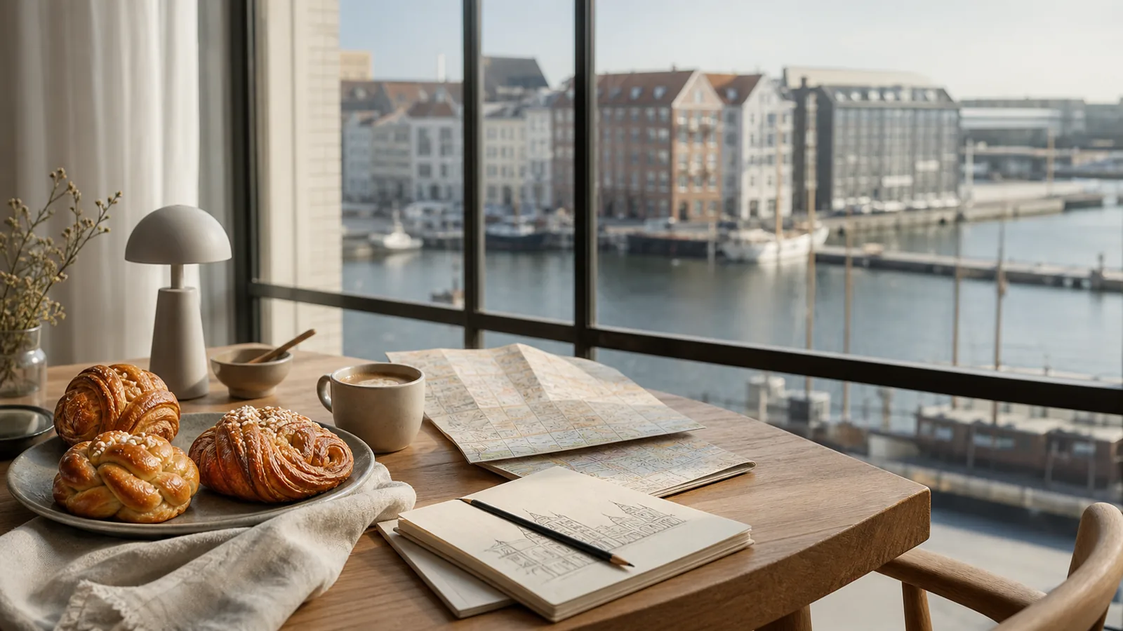 A calm Copenhagen studio table with Danish pastries, coffee, a city map, an architecture sketchbook, and harbor buildings outside the window.