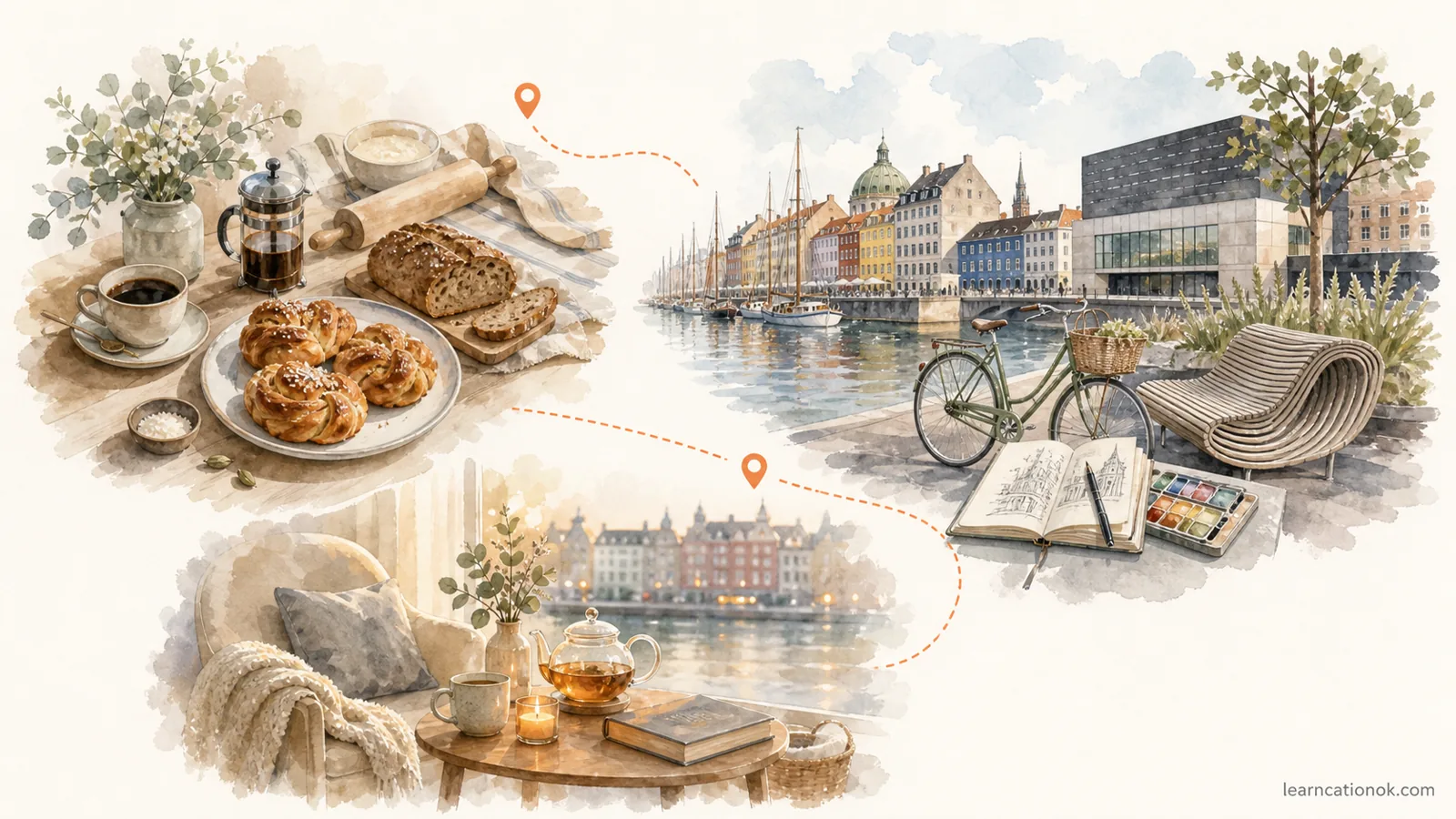 A Copenhagen calm creative day route showing a pastry table, design walk, harbor bench, sketchbook, tea, and a dotted orange route.