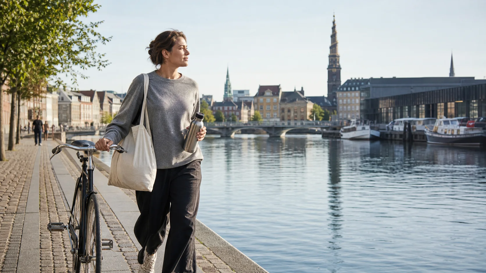A traveler with a bicycle and reusable bottle walking beside a Copenhagen canal in calm morning light.