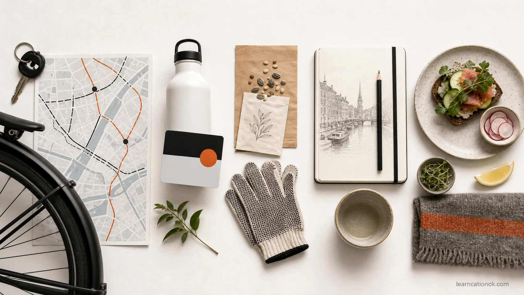 Copenhagen 2026 CopenPay-style travel planning flat lay with low-impact transport, food, sketching, reuse, and rest cues.