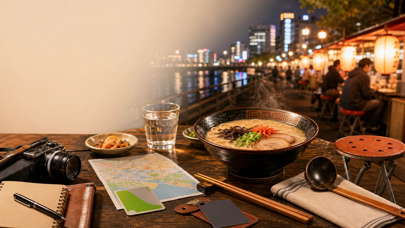 A warm Fukuoka first-night food planning table with ramen, map, camera, transit card, and yatai lanterns glowing by the river.