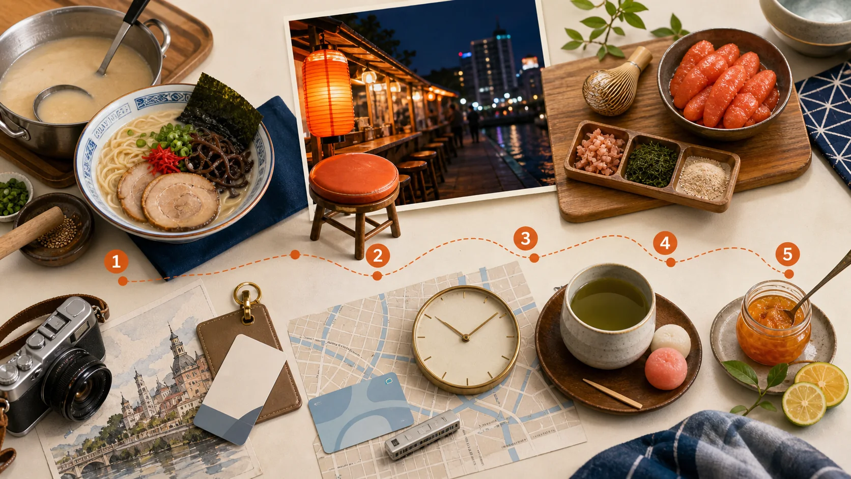 Fukuoka first-night food decision visual with five anchors: ramen broth, yatai walk, mentaiko, tea sweets, and citrus pantry.