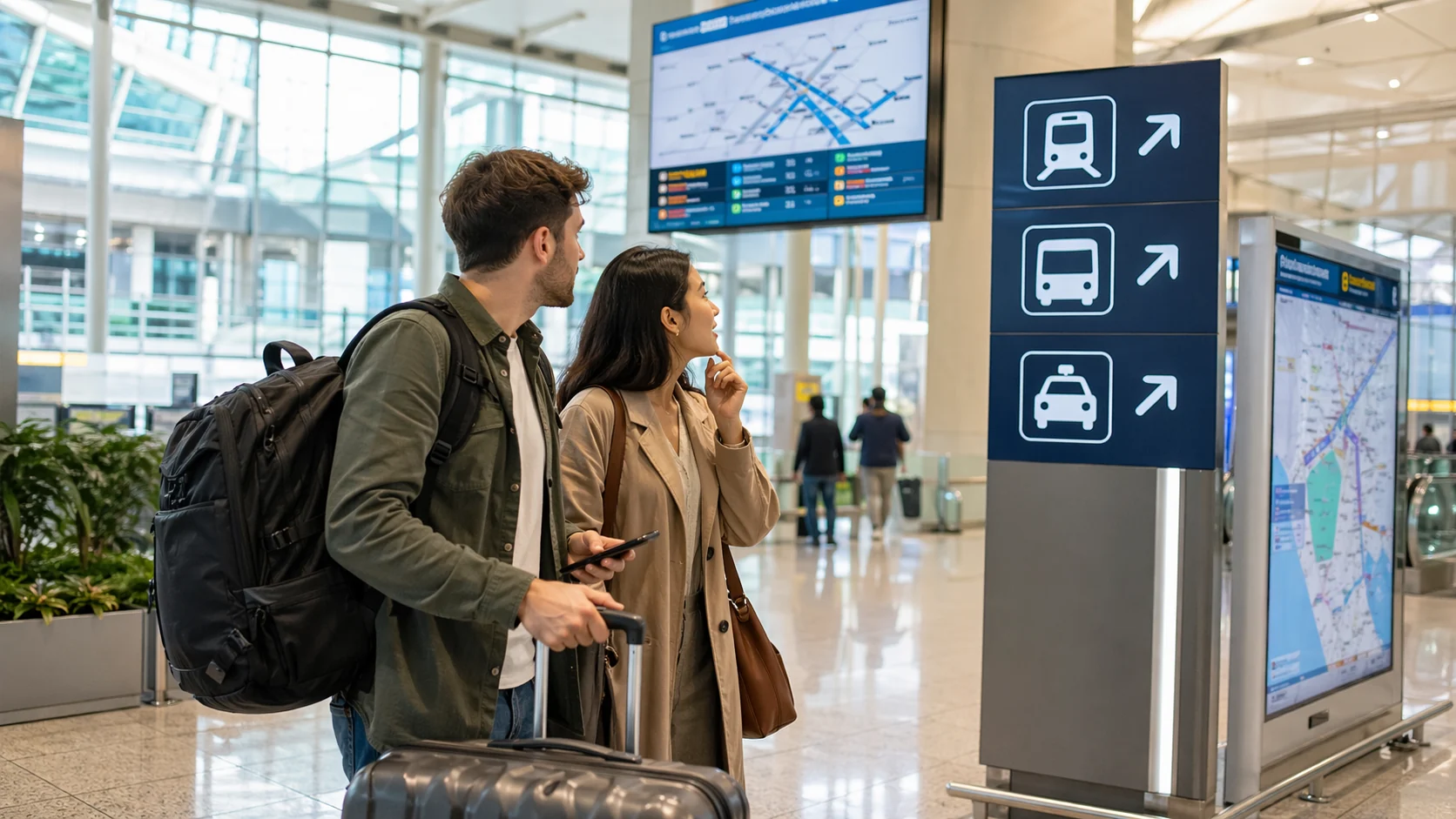 Two first-time travelers at Incheon Airport comparing rail, bus, and taxi directions with luggage before heading into Seoul.