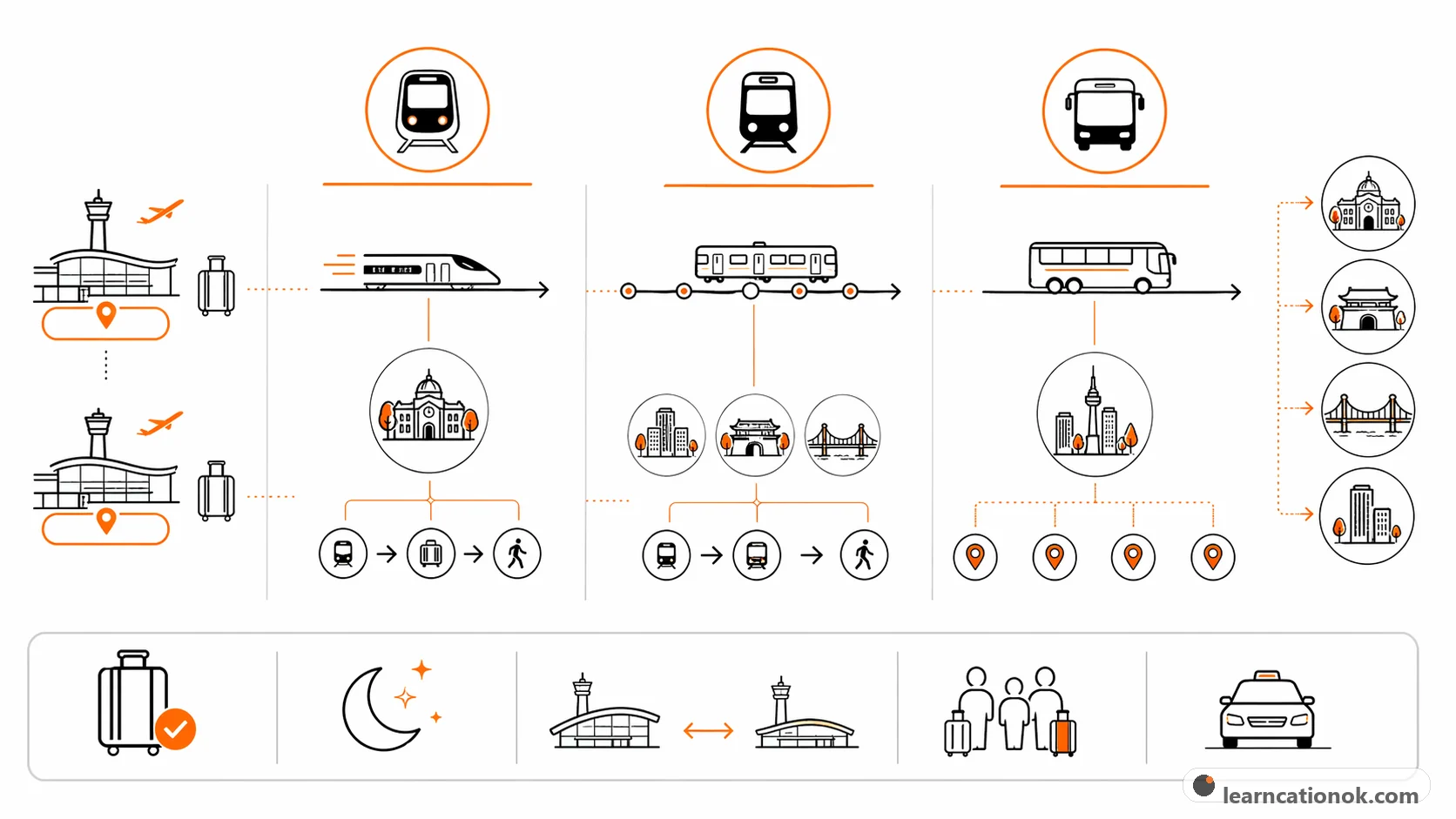Minimal route diagram showing when express rail, all-stop rail, and airport bus routes line up best with different Seoul arrival areas.
