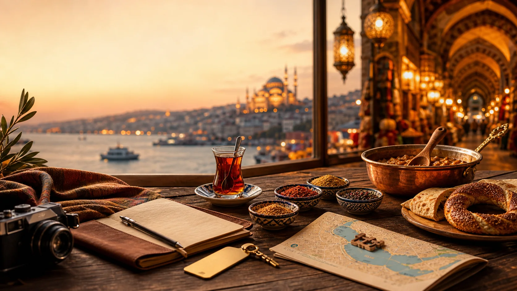 A warm Istanbul first-evening food planning table with Turkish tea, spices, simit, a copper pan, a camera, and the Bosphorus at sunset.