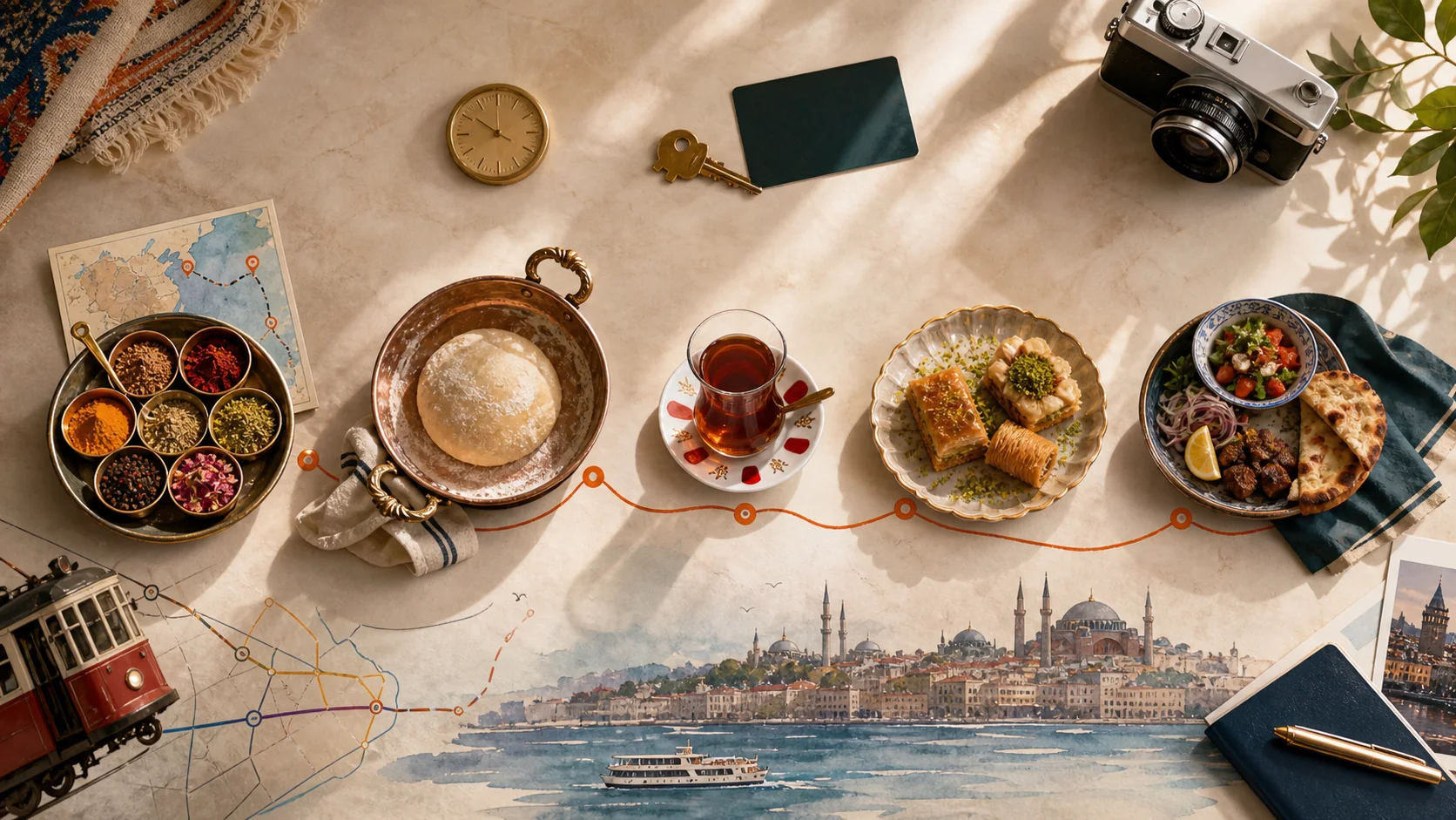 Istanbul first-evening food decision visual showing five anchors: Spice Market walk, cooking table, Turkish tea, dessert, and neighborhood meal.