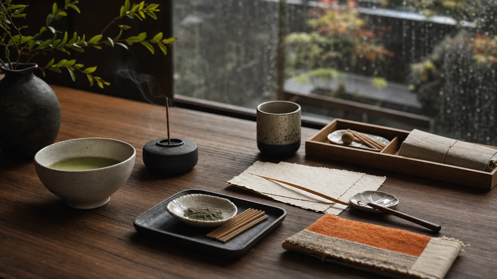 A quiet Kyoto workshop table with tea, incense, washi paper, ceramic tools, and rain on the window.