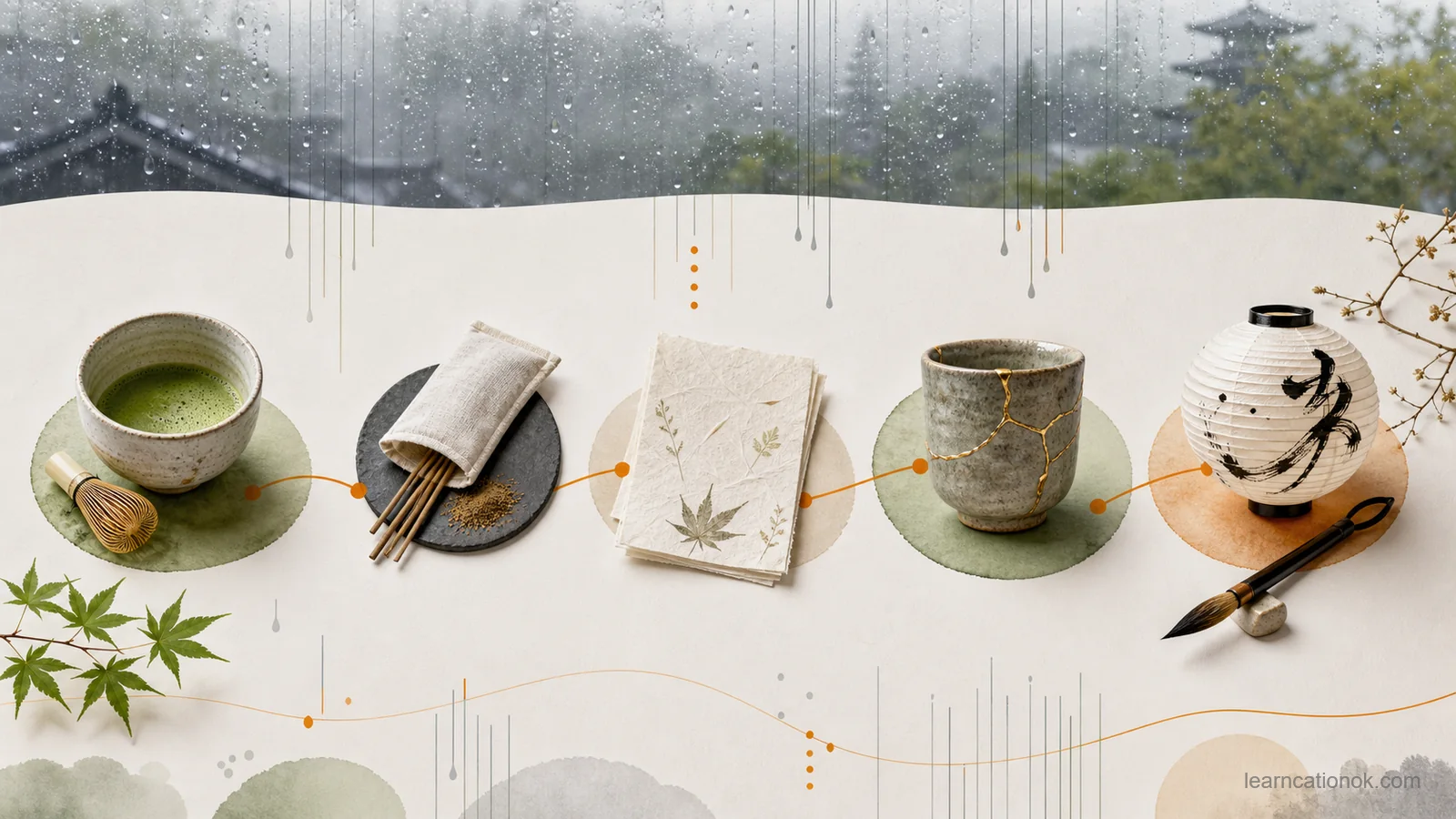Kyoto rainy-day workshop decision visual showing five calm indoor anchors and a learn-rest rhythm.