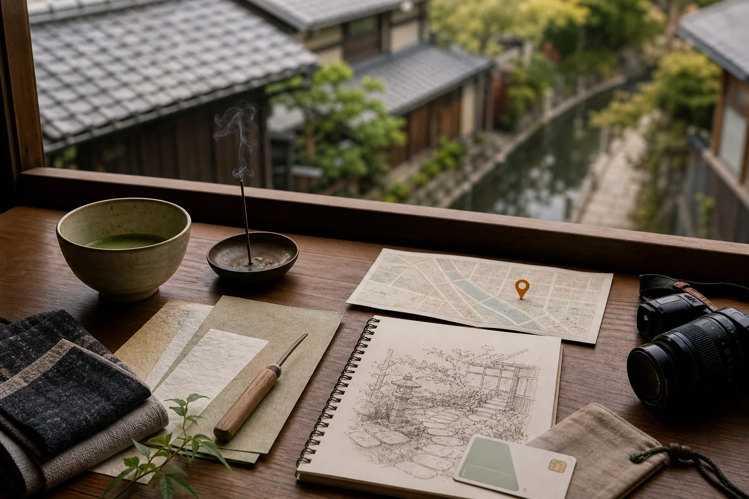 A calm Kyoto slow-travel planning table with matcha, incense, washi paper, a sketchbook, a camera, a route map, and a quiet canal-side view.