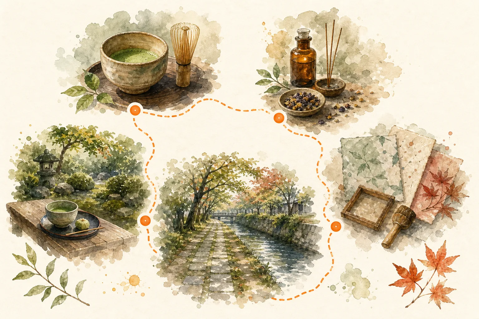 A Kyoto slow-travel route showing one workshop, one walk, and one quiet stop as a calm learn-rest rhythm.