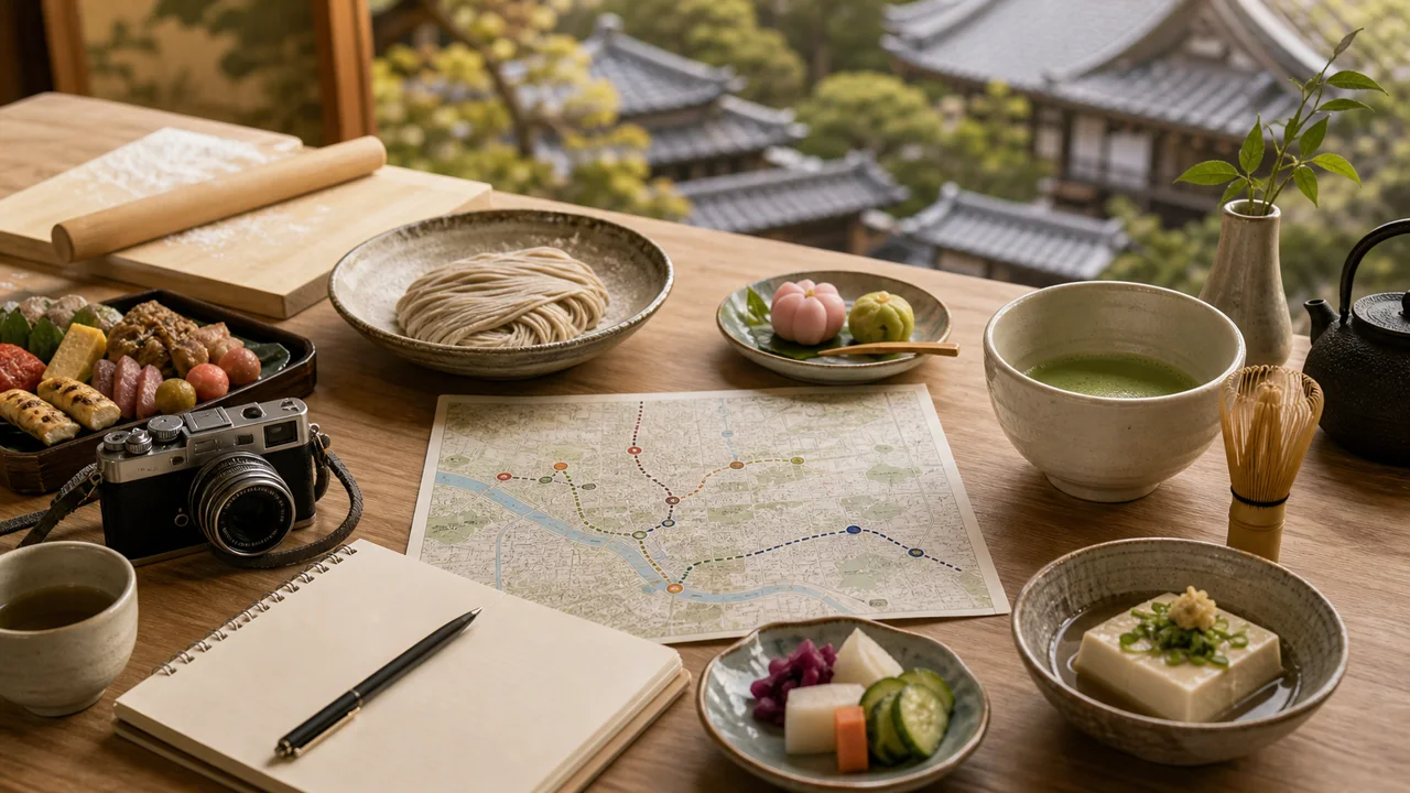 A calm Kyoto food-culture planning table with matcha, wagashi, soba dough, tofu, pickles, market snacks, camera, notebook, and a route map.