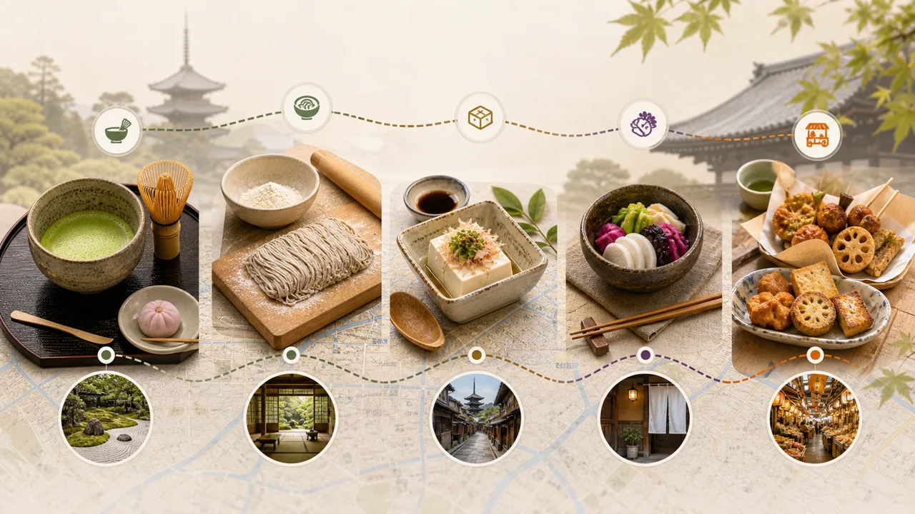 Kyoto first-day decision visual showing five calm anchors: tea ritual, wagashi, soba class, tofu table, and market flavor route.
