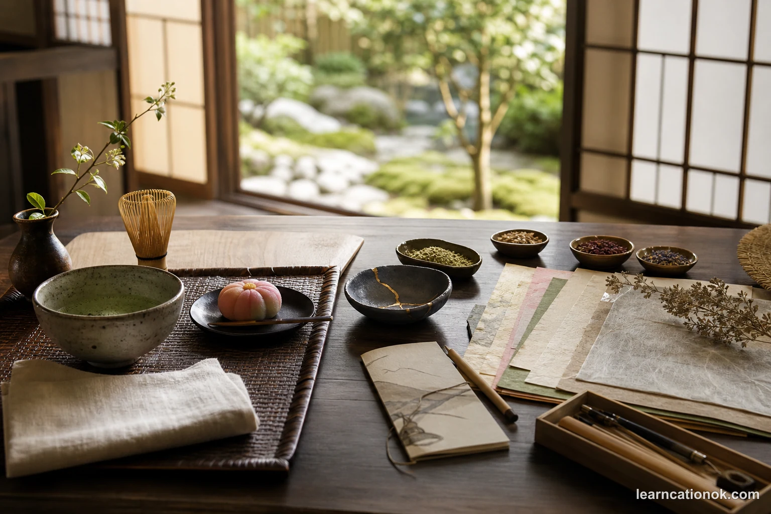 A calm Kyoto first-day planning table comparing tea ceremony and craft workshop, with matcha, wagashi, washi paper, incense, kintsugi, and a folded route note.
