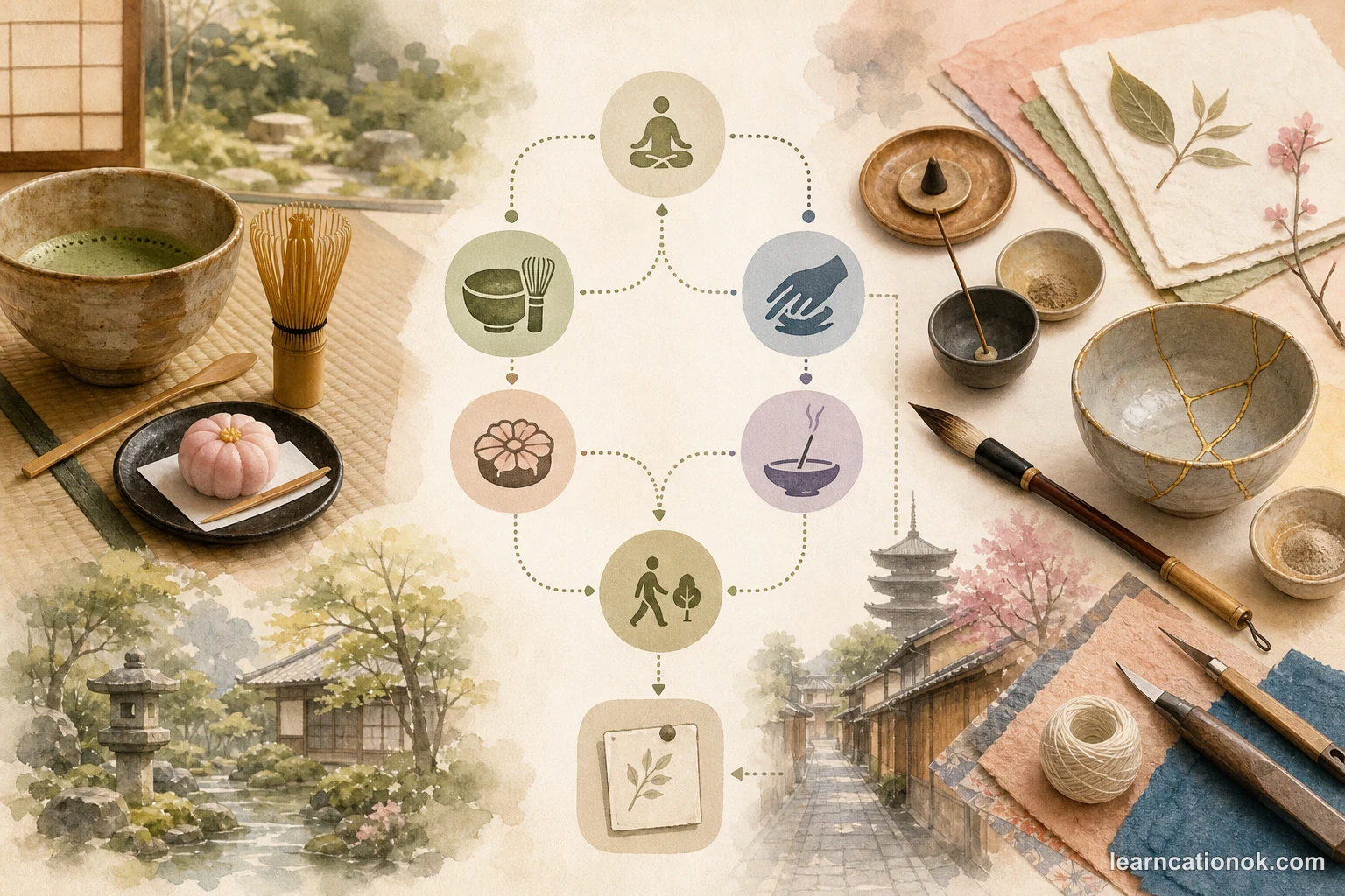 A visual decision guide for choosing a Kyoto tea ceremony or craft workshop, with calm ritual, hands-on craft, sensory bridge, and soft reset paths.