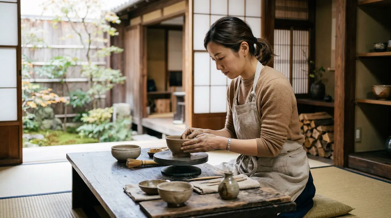 A ceramic maker shaping a bowl in a calm Kyoto workshop with a garden view.