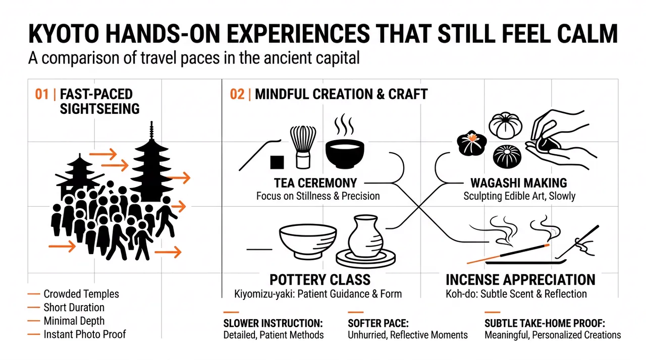 Infographic comparing fast-paced Kyoto sightseeing with calmer tea, pottery, wagashi, and incense experiences.