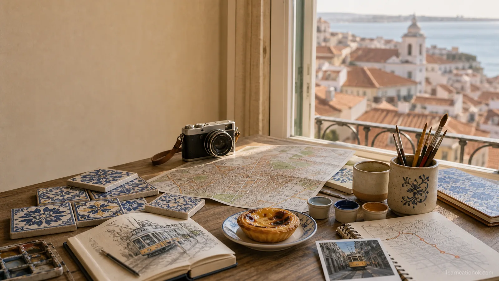 A calm Lisbon planning table with blue azulejo tiles, paintbrushes, a city map, tram sketch, pastel de nata, camera, and soft Alfama rooftops by the Tagus.