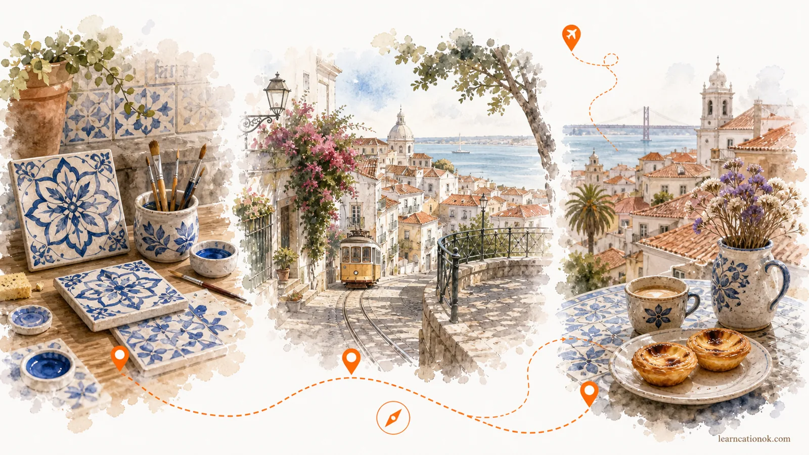 A Lisbon slow creative afternoon route showing an azulejo tile table, Alfama walking lane, viewpoint, tram line, and pastry reset.