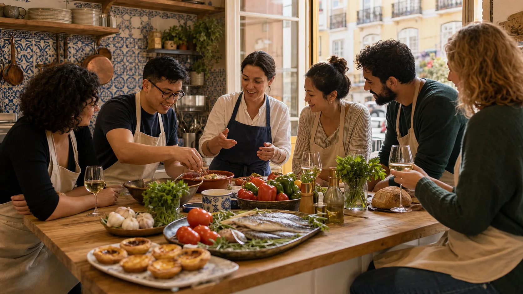 Travelers cooking with fresh market ingredients and Portuguese wine in a sunlit Lisbon kitchen.
