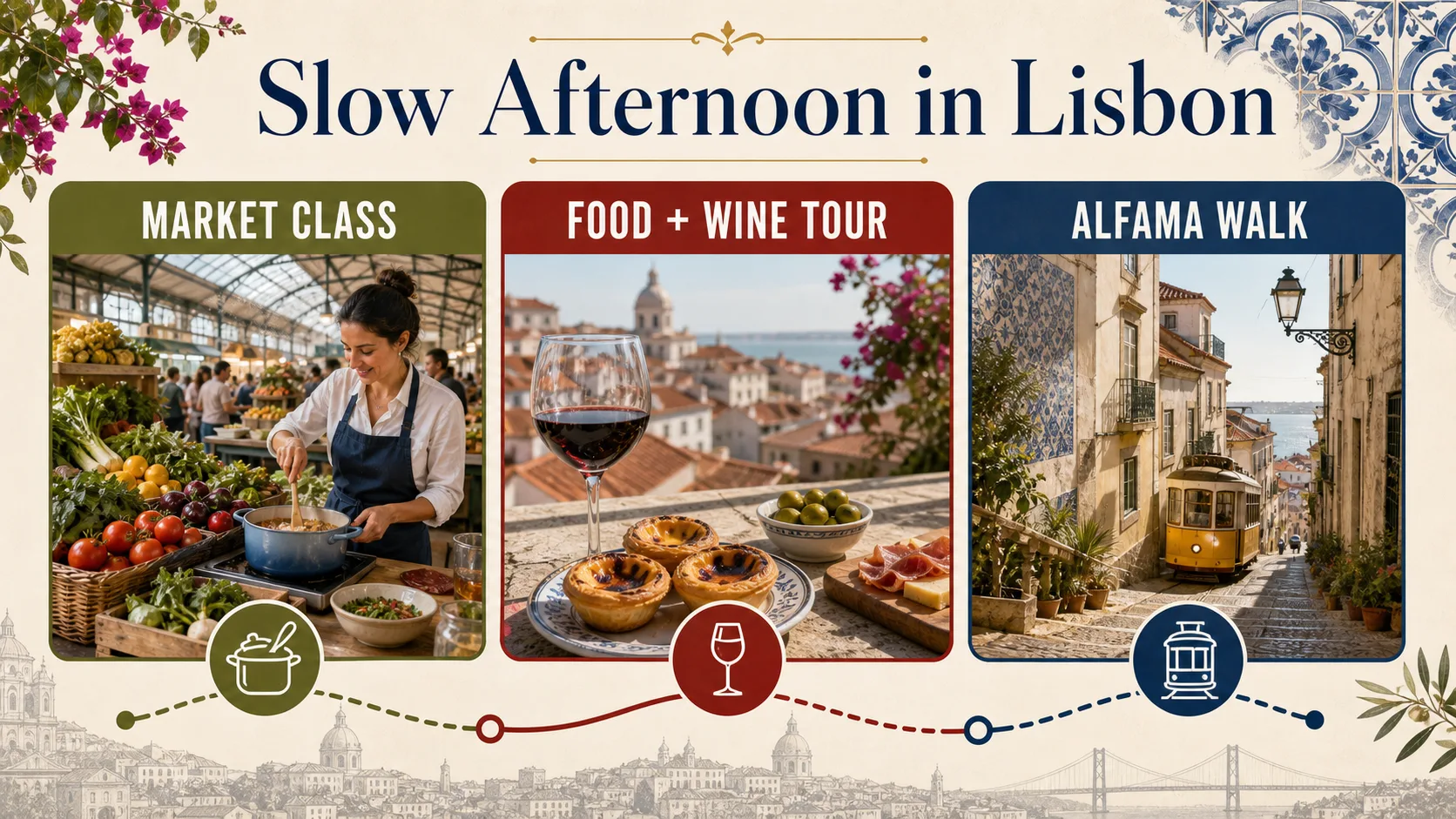 Lisbon slow afternoon decision showing market class, food and wine tour, and Alfama walk options.