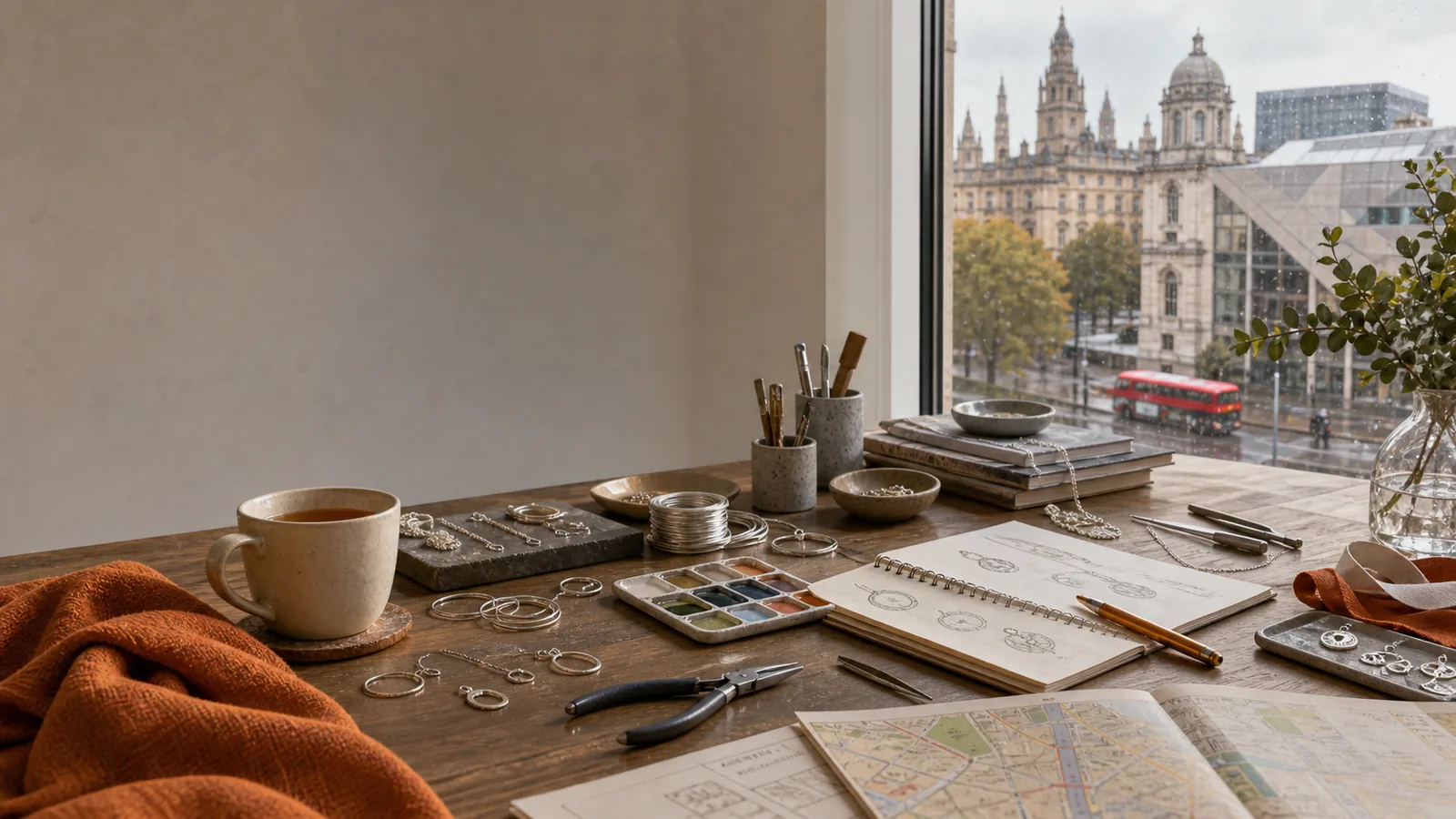 A calm London jewellery workshop table with silver tools, enamel colors, tea, a map, and a rainy museum view through the window.