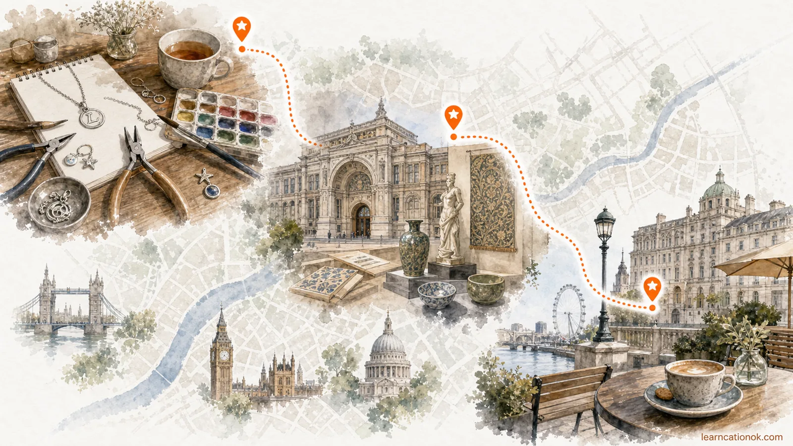 A London creative afternoon route showing a jewellery workshop table, design museum context, and river or courtyard reset connected by an orange dotted line.