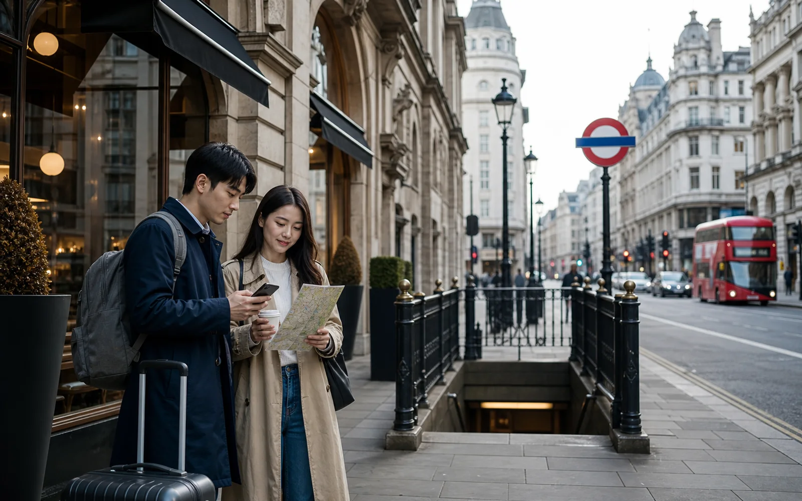 Two travelers with small luggage checking a phone and paper map near a London Underground entrance on a calm arrival morning.