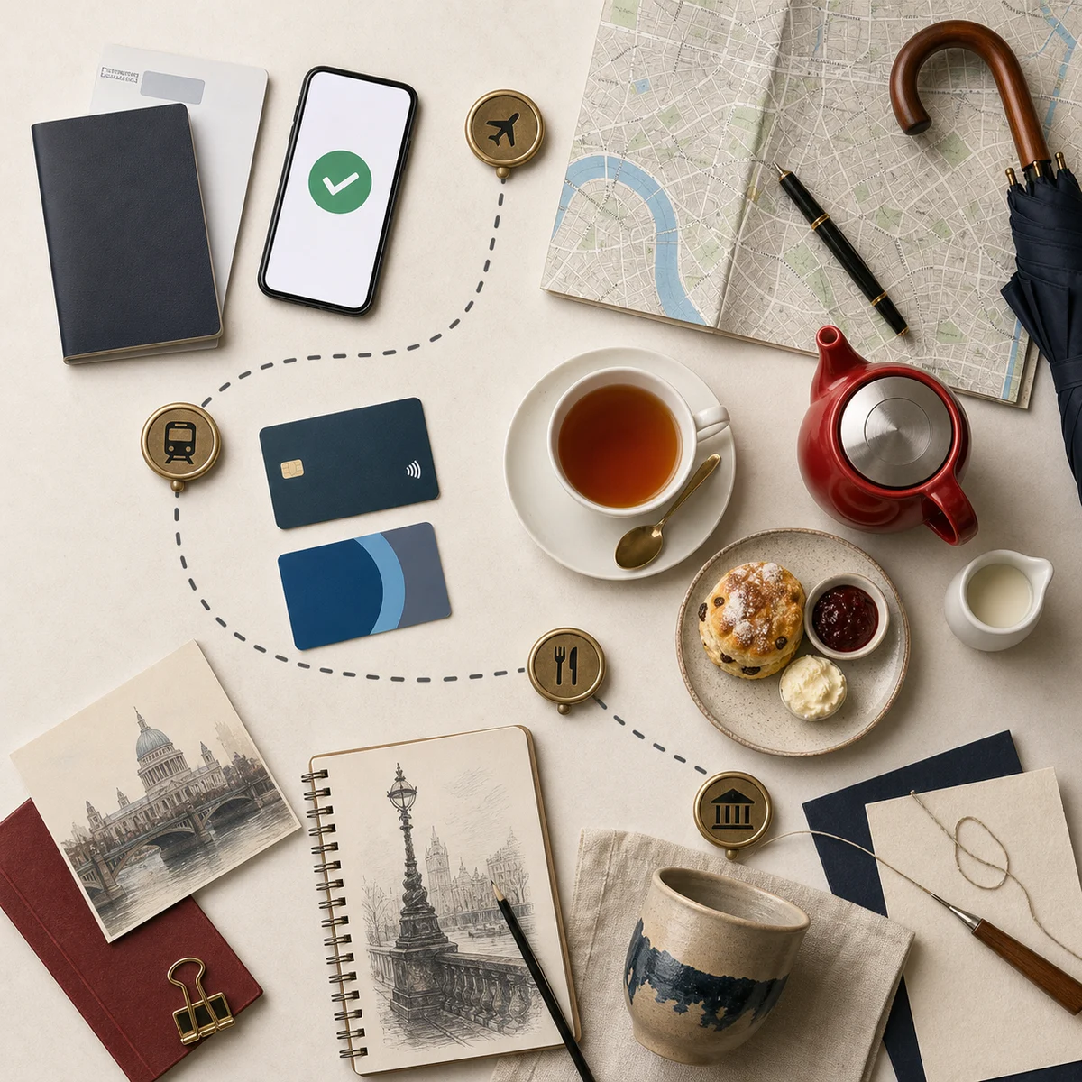 London ETA 2026 planning flat lay showing arrival admin, contactless transport, tea, sketchbook, museum, and workshop objects.