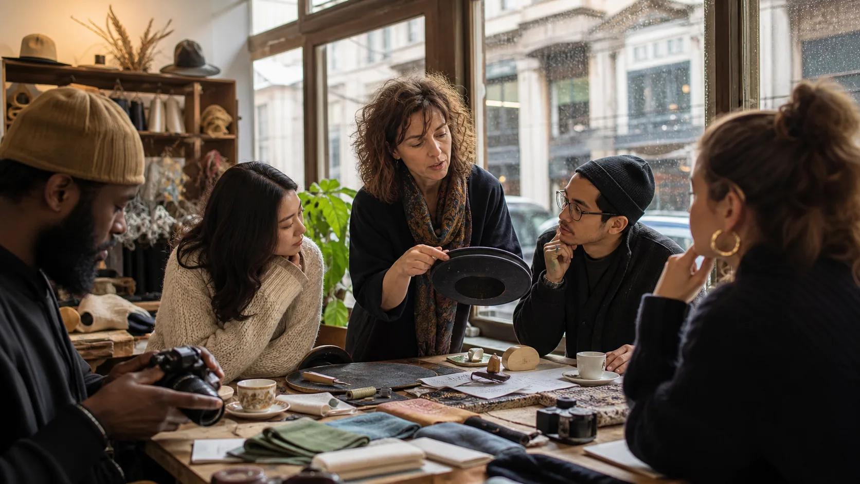 Travelers learning hat-making and photography skills with a London host inside a warm rainy-day studio.