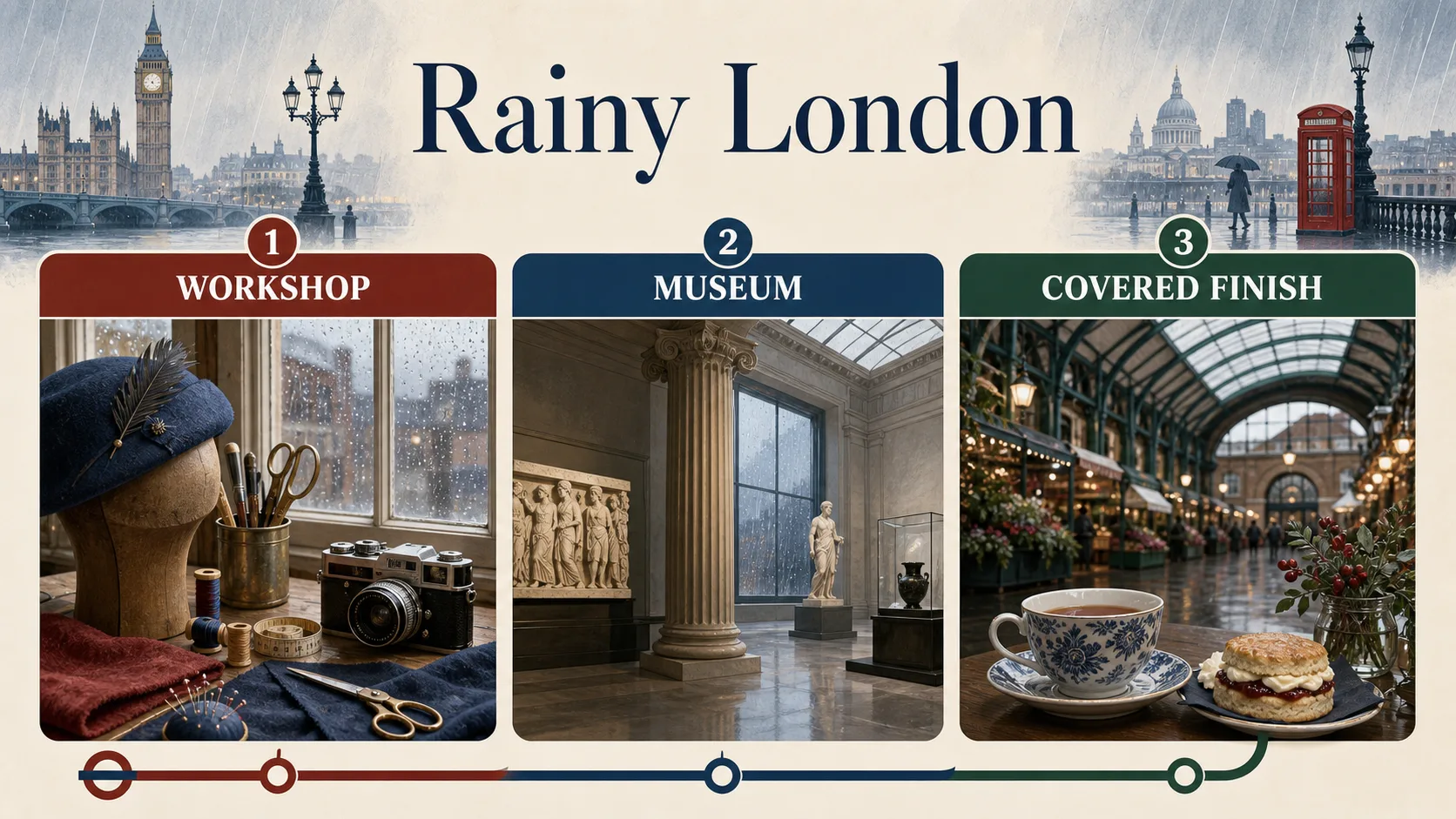 Rainy London route showing workshop, museum, and covered finish as three indoor activity choices.