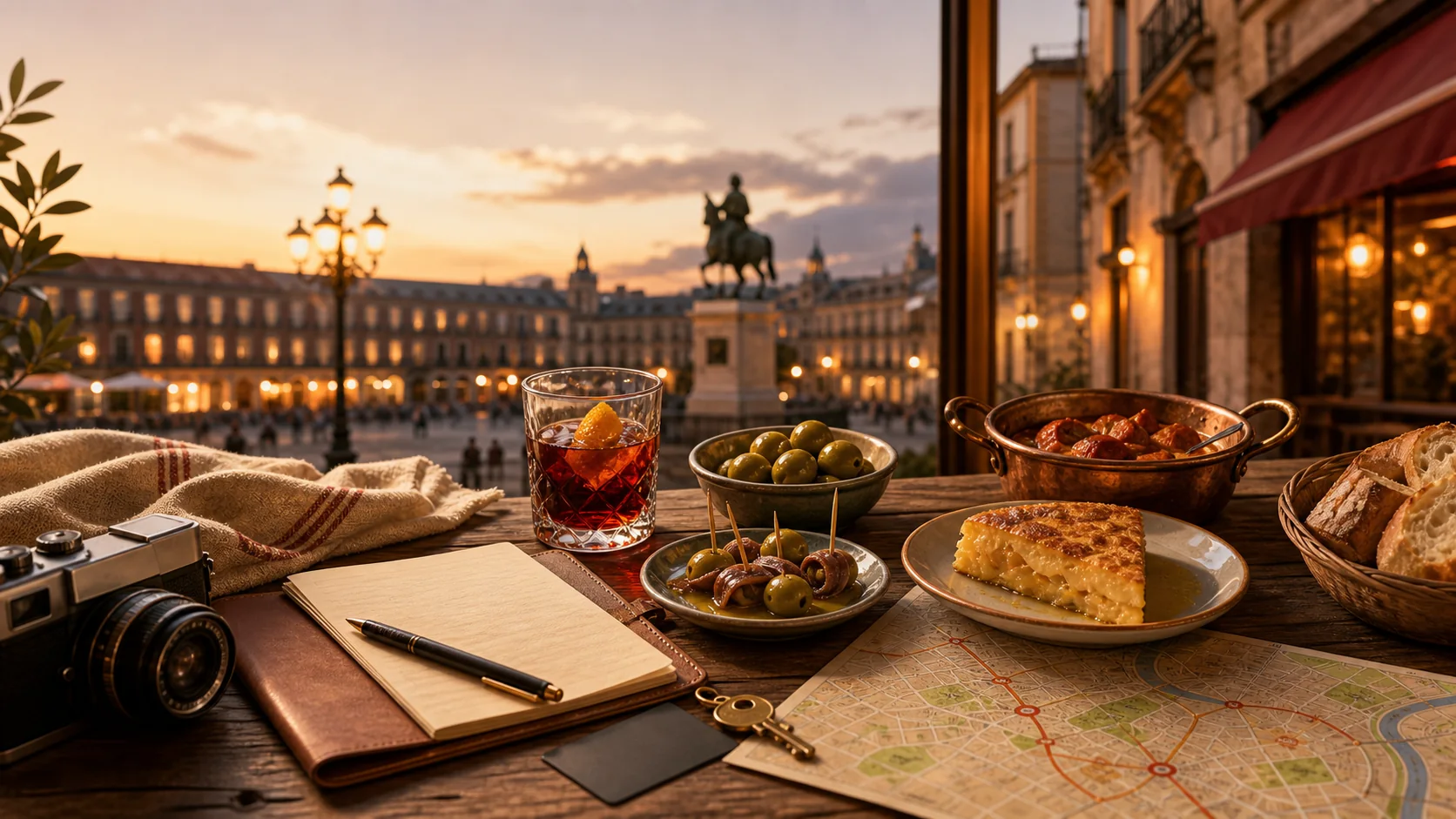 A warm Madrid first-evening food planning table with vermouth, olives, anchovies, tortilla, bread, camera, map, and a plaza at sunset.