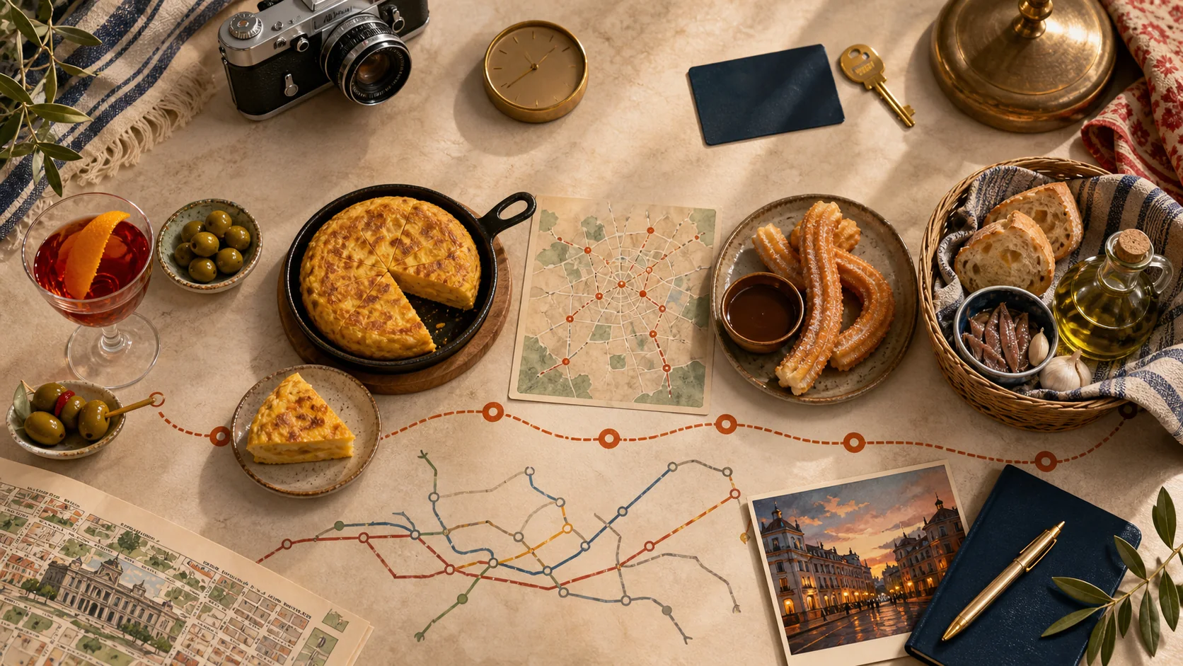 Madrid first-evening food decision visual showing five anchors: vermouth, tortilla class, tapas route, churros, and market pantry.