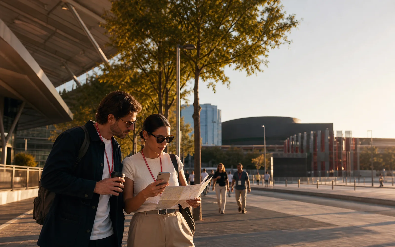 Two travelers with race-weekend lanyards checking a phone and paper map near IFEMA MADRID at golden hour.