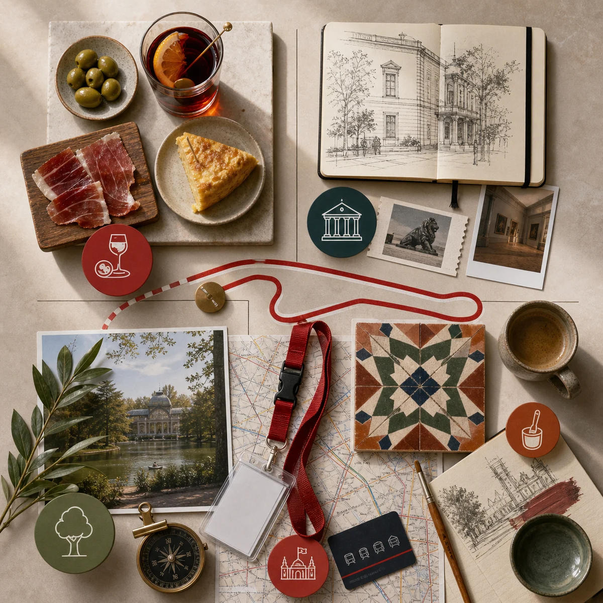 Madrid F1 2026 planning flat lay showing food, art, park, design, transport, and race-weekend objects.