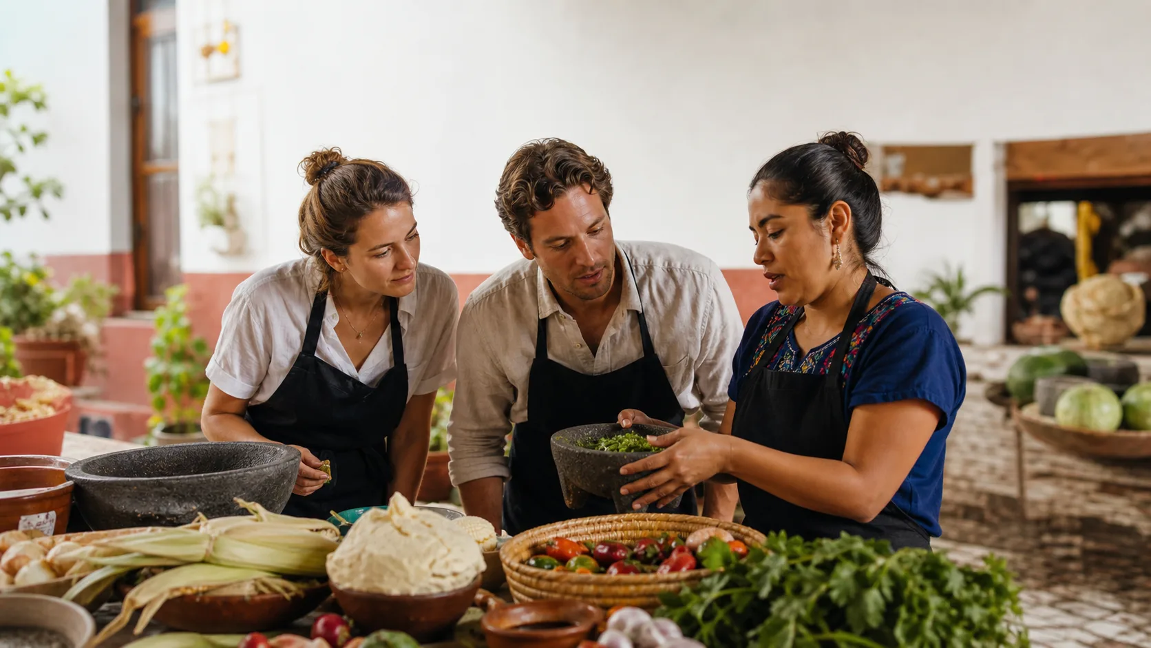 Travelers learning salsa and masa preparation with a Mexico City host at a market-to-kitchen food class.