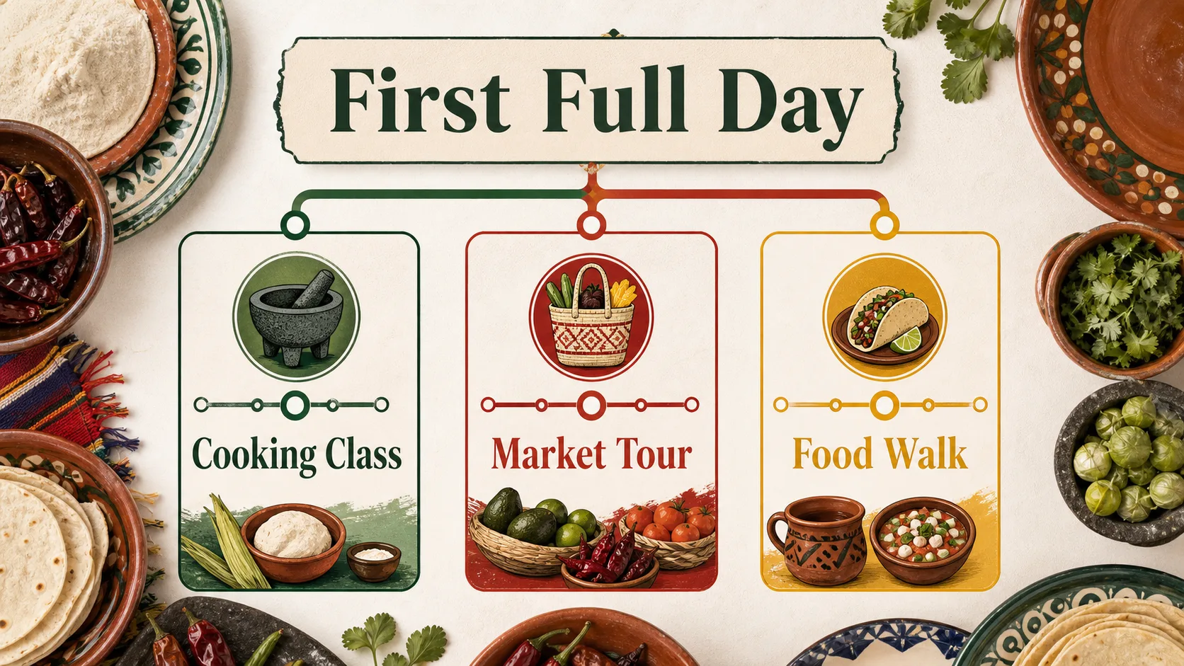 Mexico City first full day food decision showing cooking class, market tour, and food walk options.