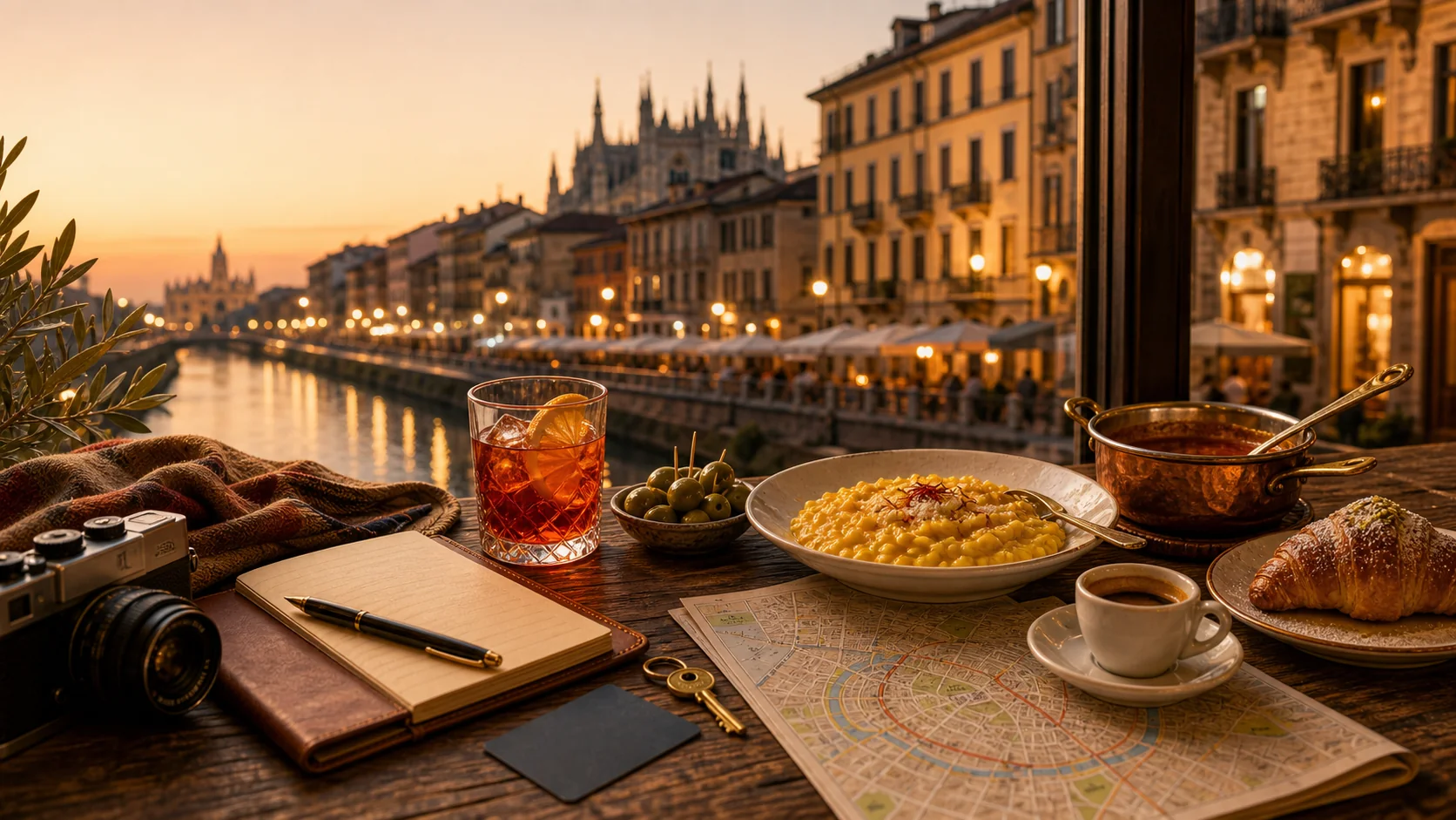 A warm Milan first-evening food planning table with aperitivo, saffron risotto, espresso, cornetto, camera, notebook, and Navigli canal lights.