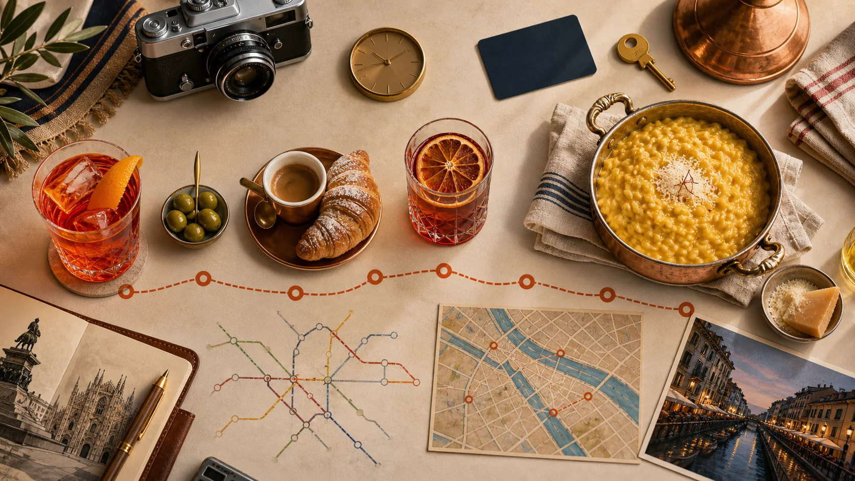 Milan first-evening food decision visual showing five anchors: aperitivo, risotto class, espresso and cornetto, bitter citrus, and Navigli route.